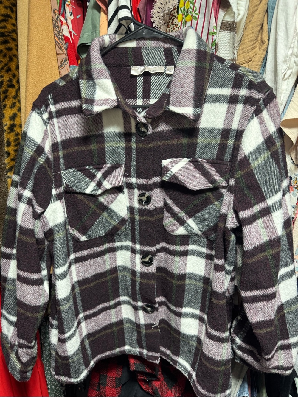 Women's Plaid Button-Up Shacket - Black & White with Lavender Accents